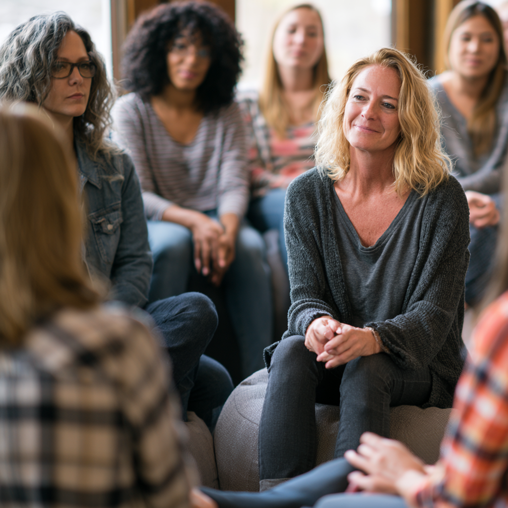 Group therapy session during an intensive outpatient program where women participate in supportive mental health and addiction recovery counseling led by a licensed therapist.