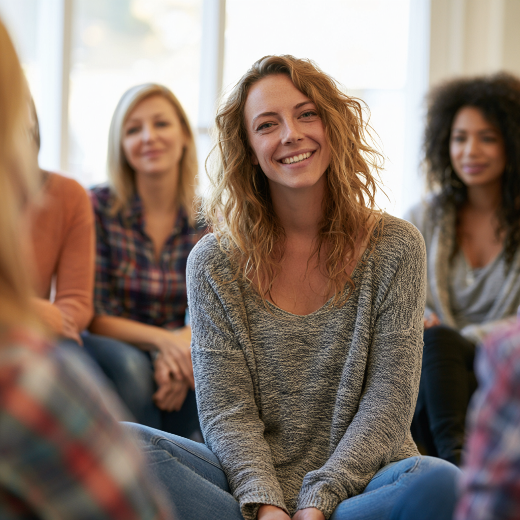 Woman participating in a partial hospitalization program group therapy session, receiving structured mental health and addiction treatment in a supportive clinical setting.