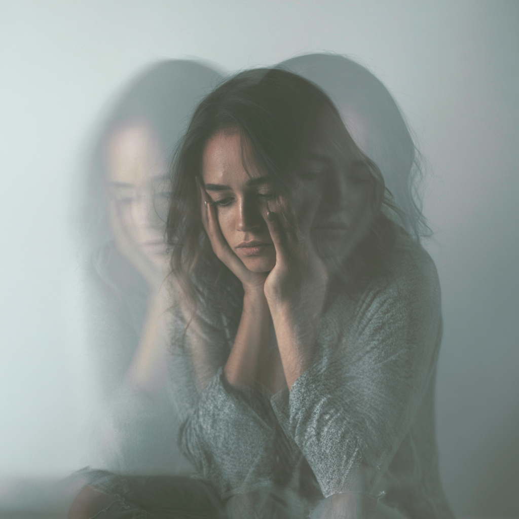 Woman experiencing symptoms of PTSD and trauma, illustrating emotional distress, intrusive memories, and the lasting psychological effects of traumatic experiences.
