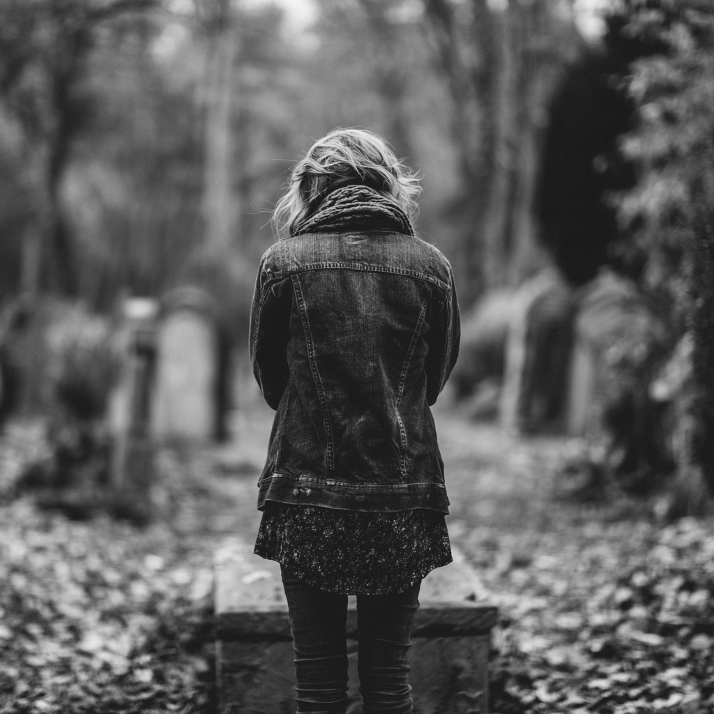 Woman mourning in a cemetery, representing grief and loss while reflecting on the emotional impact of bereavement, healing, and coping with the death of a loved one.