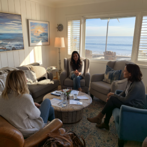 Women participating in group therapy in a supportive, comfortable setting overlooking the ocean.