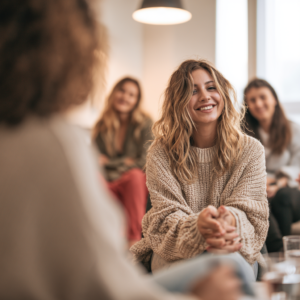 Women participating in a supportive group therapy session as part of treatment programs designed to promote mental health, healing, and personal growth.