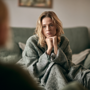 Woman participating in women’s therapy, reflecting during a supportive counseling session focused on mental health, emotional wellness, and personal growth.